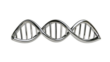 Metallic DNA helix structure, shiny silver double helix, isolated on transparency background, symbolizes science, genetics, biotechnology, and futuristic innovation