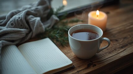 Cozy Coffee Scene with Candle and Notebook