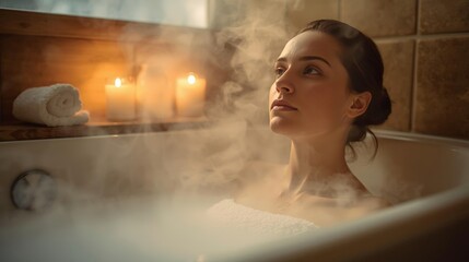 Relaxing Woman Enjoying Steam Bath in Cozy Atmosphere