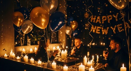 Obraz premium Happy New Year Celebration with Candles and Balloons.