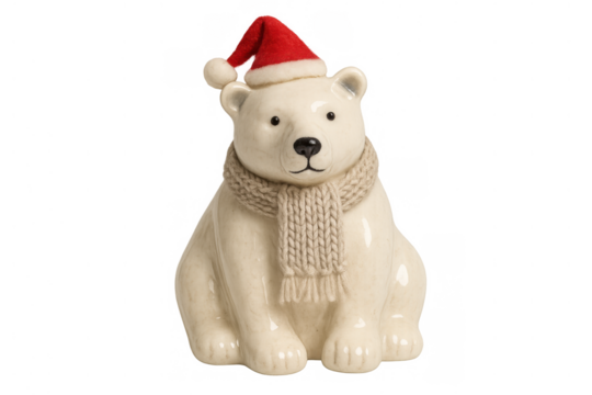 Polar bear figurine in santa hat and knitted scarf, celebrating christmas and winter holidays, transparent background