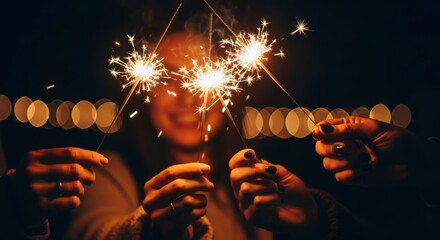 Person holding sparklers at night with bokeh lights in the background.