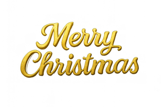 Golden merry christmas text featuring elegant cursive calligraphy, creating a festive holiday greeting with shiny gold texture on a transparent background