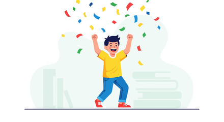 Excited Boy Celebrating Joyfully Underneath Falling Colorful Confetti Illustration