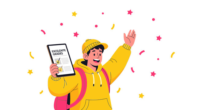 Excited Student Celebrating Good Grades on Tablet Display with Colorful Confetti