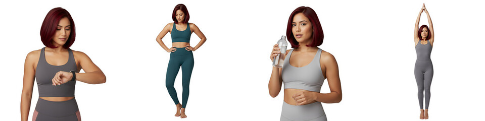 Dynamic female yoga trainer poses (checking watch, alignment, hydrating, stretching), isolated on transparent background, ideal for fitness apps, wellness blogs, activewear marketing,