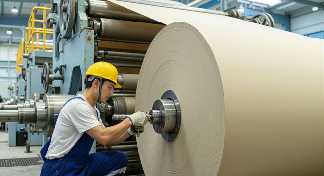 Factory worker adjusting paper roll in mill machine - Powered by Adobe