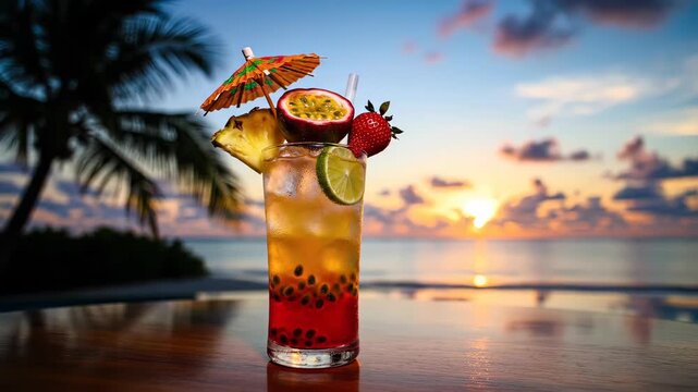 Tropical Cocktail at Sunset Beach with Passion Fruit, Pineapple, and Strawberry