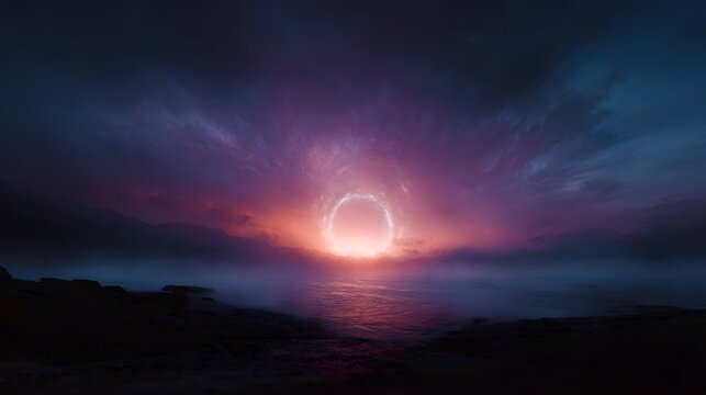 A luminous swirling portal hangs suspended over a misty ocean bathed in the vibrant colors of a dramatic sunset
