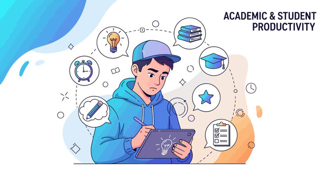 Illustration Representing Student Achieving Academic Goals With Online Studying Methods
