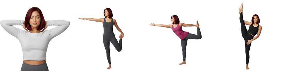 Female yoga trainers demonstrating various poses like Dancer's Pose and standing split, isolated on transparent background. Ideal for fitness websites, wellness promotions, yoga studio marketing,