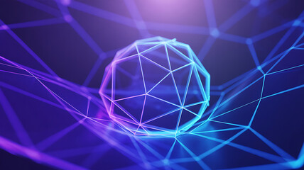Abstract digital network structure with glowing geometric sphere in vibrant neon purple and blue light
