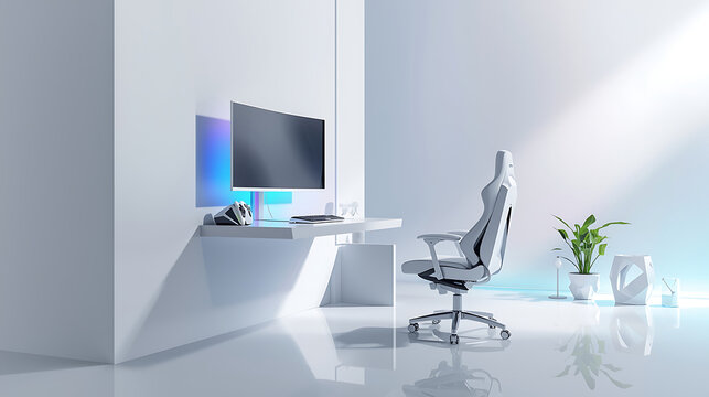 modern minimalist computer desk setup with ambient lighting and ergonomic chair - Powered by Adobe