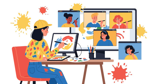 Online Art Class Demonstrating Painting Techniques and Creative Ideas with Students