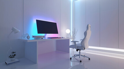 modern minimalist computer desk setup with ambient lighting and ergonomic chair