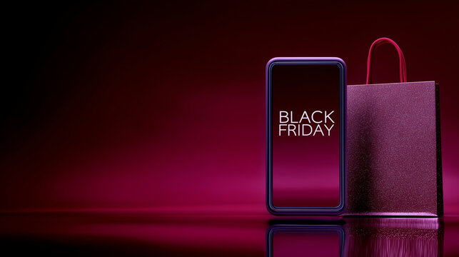 Elegant Black Friday concept with smartphone and  shopping bag on burgundy background — luxury digital sale banner for online shopping, retail promotions, and e-commerce advertising during sale