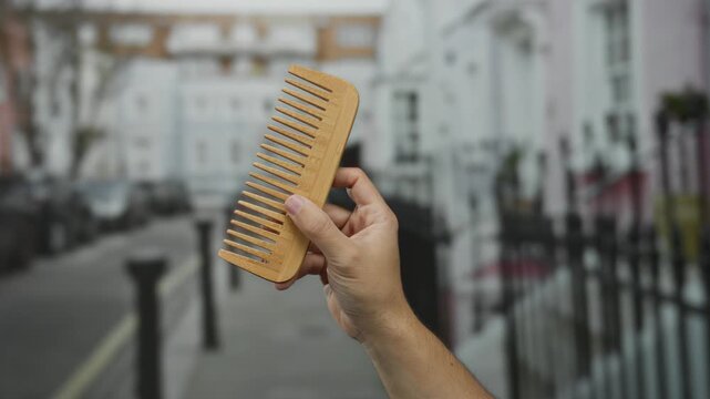 Man holding a wooden comb in his hand on a city street with blurred buildings and railings in the background.