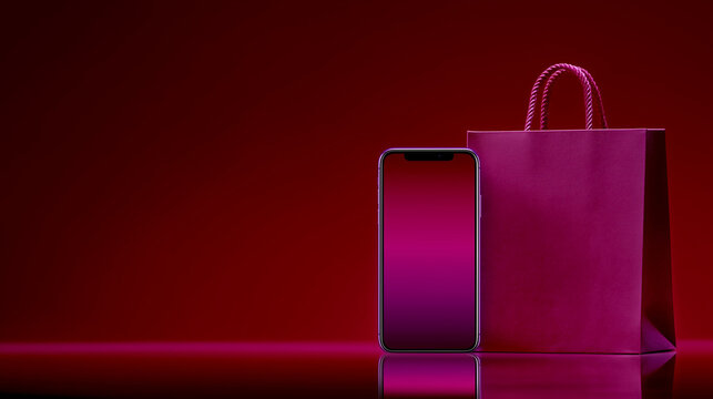 Elegant Black Friday concept with smartphone and  shopping bag on burgundy background — luxury digital sale banner for online shopping, retail promotions, and e-commerce advertising during sale - Powered by Adobe