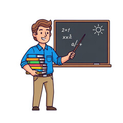 Cartoon teacher holding books by a blackboard isolated on transparent background