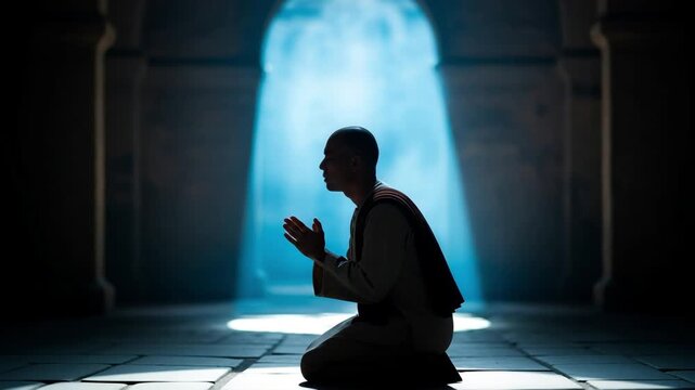 Silent Meditation in Blue-Lit Hallway