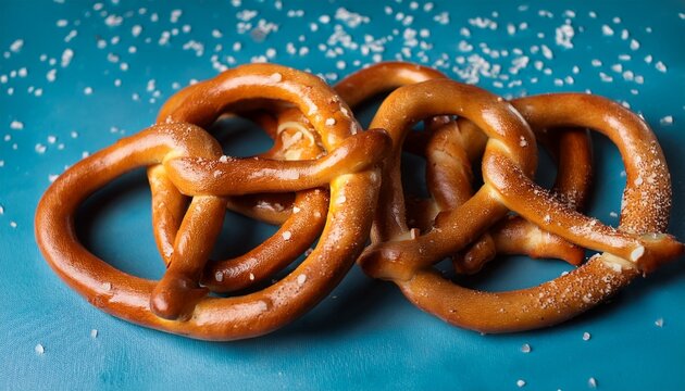 golden brown pretzels sprinkled with coarse salt are arranged closely together baked goods snack salty fresh
