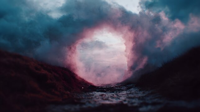 A swirling misty portal glowing with ethereal light in a dramatic twilight landscape