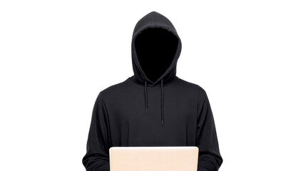 Hooded figure in black sweatshirt sitting behind laptop, face hidden in shadow, mysterious and secretive atmosphere, concept of cybersecurity, hacking, or anonymity