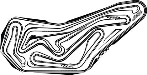 Naklejka premium Black and white racing circuit graphic with checkered flags, racing circuit, race track, motorsport, speed, competition, black and white, graphic, abstract, vector, checkered flag, finish line, start 