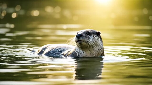 River otter swimming calmly in golden water under warm evening sunlight.