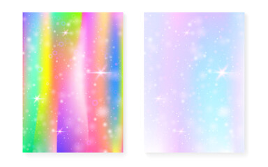 Magic background with princess rainbow gradient. Kawaii unicorn hologram. Holographic fairy set. Mystical fantasy cover. Magic background with sparkles and stars for cute girl party invitation.