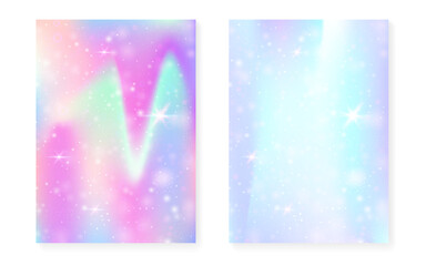 Kawaii background with rainbow princess gradient. Magic unicorn hologram. Holographic fairy set. Spectrum fantasy cover. Kawaii background with sparkles and stars for cute girl party invitation.