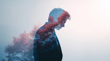 Double Exposure Man Profile with Autumn Forest Foliage Overlay