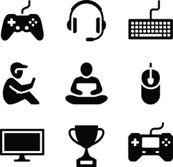Collection of nine black and white gaming icons representing controllers headphones keyboard mouse monitor trophy and people playing video games. Gaming silhouette icon set.