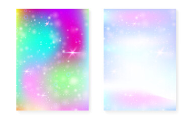 Magic background with princess rainbow gradient. Kawaii unicorn hologram. Holographic fairy set. Trendy fantasy cover. Magic background with sparkles and stars for cute girl party invitation.
