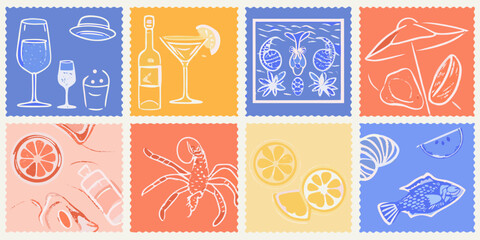 Summer vacation beach party and tropical drinks collage illustration