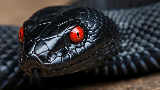 Black snake with red eyes crawling slowly on ground in natural habitat.