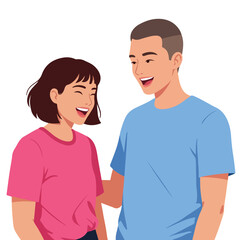 Obraz premium Illustration of a smiling man and woman looking at each other. They're both happy and wearing plain t-shirts