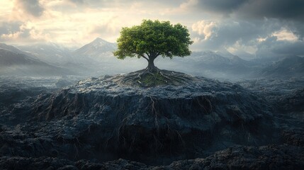 Solitary tree atop rocky mound, sprawling roots, mountain backdrop, cloudy sky
