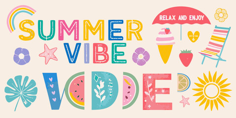 Bright and colorful summer vibe lettering with beach and tropical elements