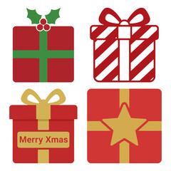 Four red christmas gift boxes with different ribbons