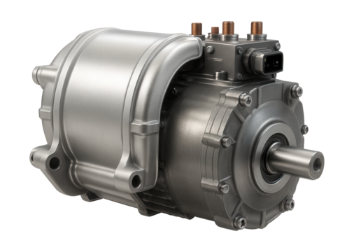 Water-cooled traction motor featuring a visible cooling jacket and connectors.