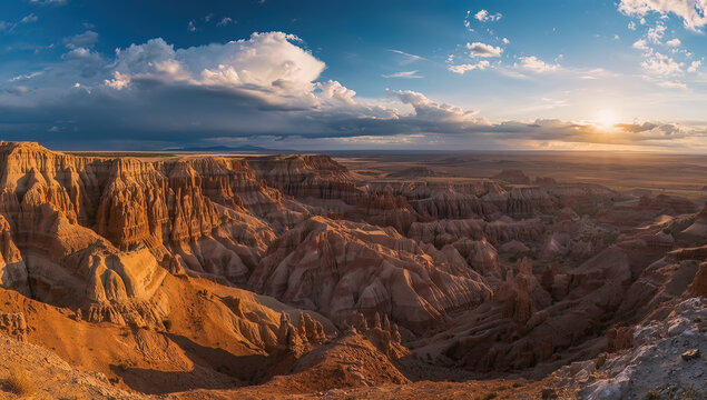 Badlands National Park, South Dakota, USA — Dramatic Badlands landscape with layered rock formations, eroded cliffs, rugged canyons, and wide open prairie