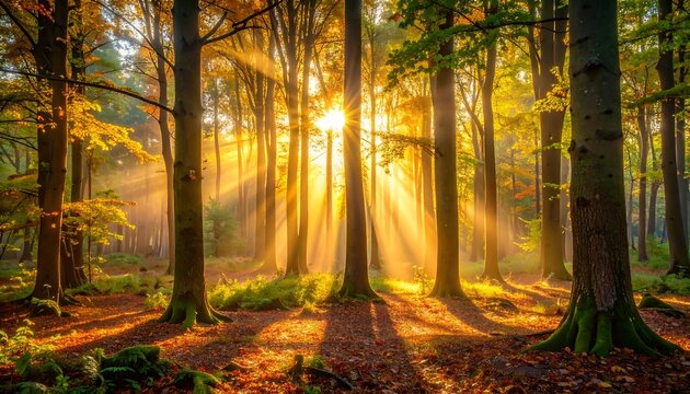 Forest with golden sunbeams shining through the trees creating a warm, mystical atmosphere