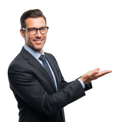 Smiling businessman in suit and glasses presenting with open hand isolated on transparent background