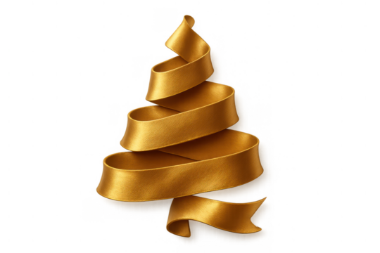 Golden ribbon forming abstract christmas tree shape on transparent background symbolizing holiday celebration