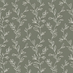Seamless pattern of delicate white branches with leaves on a muted green background, botanical illustration, elegant and simple design