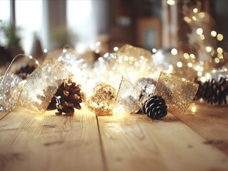 Decorative golden fairy lights illuminate a cozy wooden table with pinecones creating a warm atmosphere for special gatherings during winter evenings