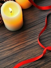 Warm glowing candles and pine cones create a cozy atmosphere with a hint of festive red ribbon on a wooden surface