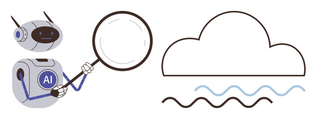 Robot with AI label holding magnifying glass examining cloud icon and wavy lines. Ideal for AI, technology, cloud computing, data analysis, innovation, cybersecurity, machine learning. Simple flat