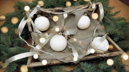 Decorative frame holds white ornaments and silver ribbons creating an elegant holiday display with a touch of natural elements